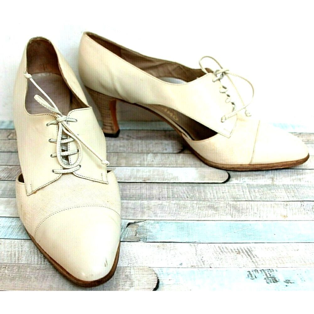 Salvatore Ferragamo BEIGE GENUINE LEATHER CANVAS LACE UP 2.75" HEEL SHOES Sz 10B